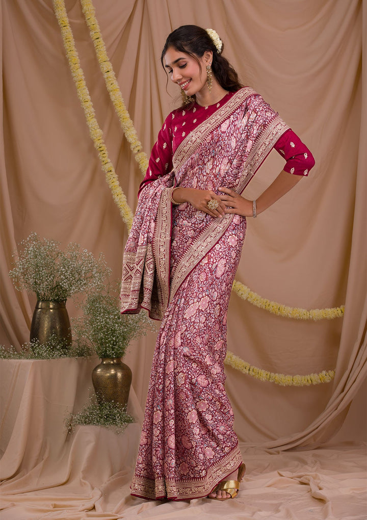 Maroon Printed Organza Saree-Koskii