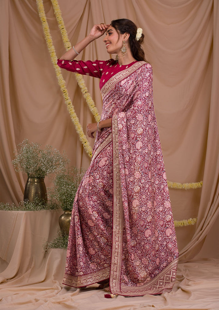 Maroon Printed Organza Saree-Koskii