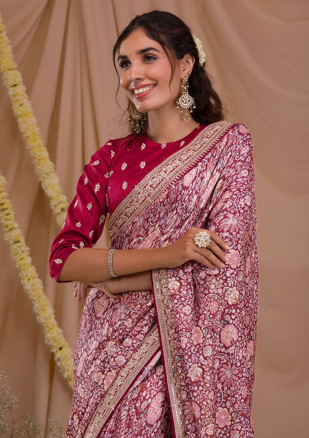 Maroon Printed Organza Saree-Koskii