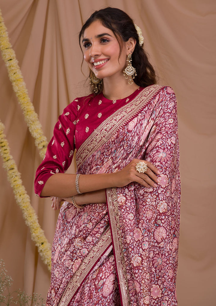 Maroon Printed Organza Saree-Koskii