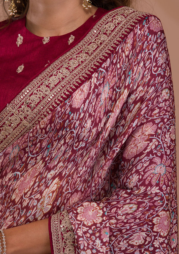 Maroon Printed Organza Saree-Koskii