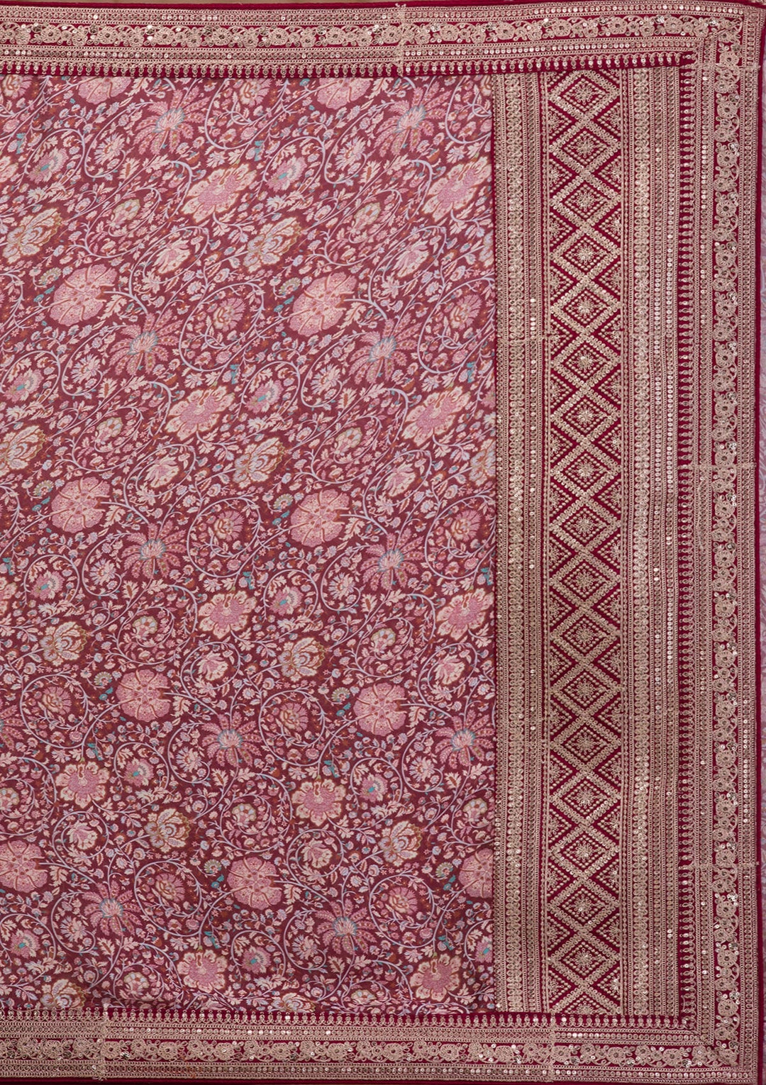 Maroon Printed Organza Saree-Koskii