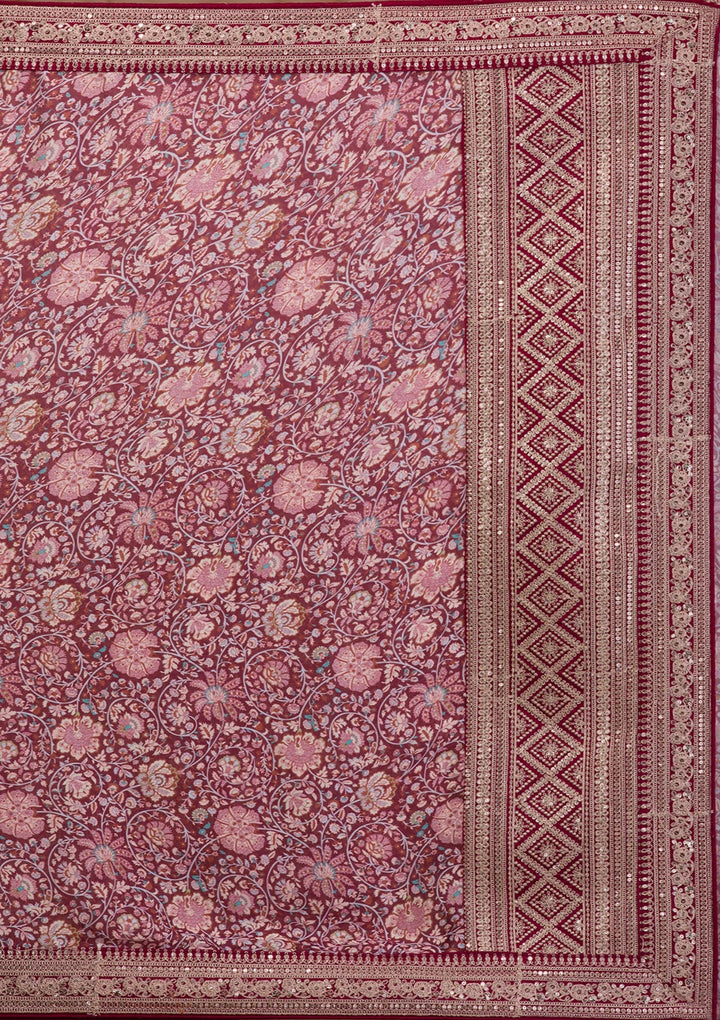 Maroon Printed Organza Saree-Koskii
