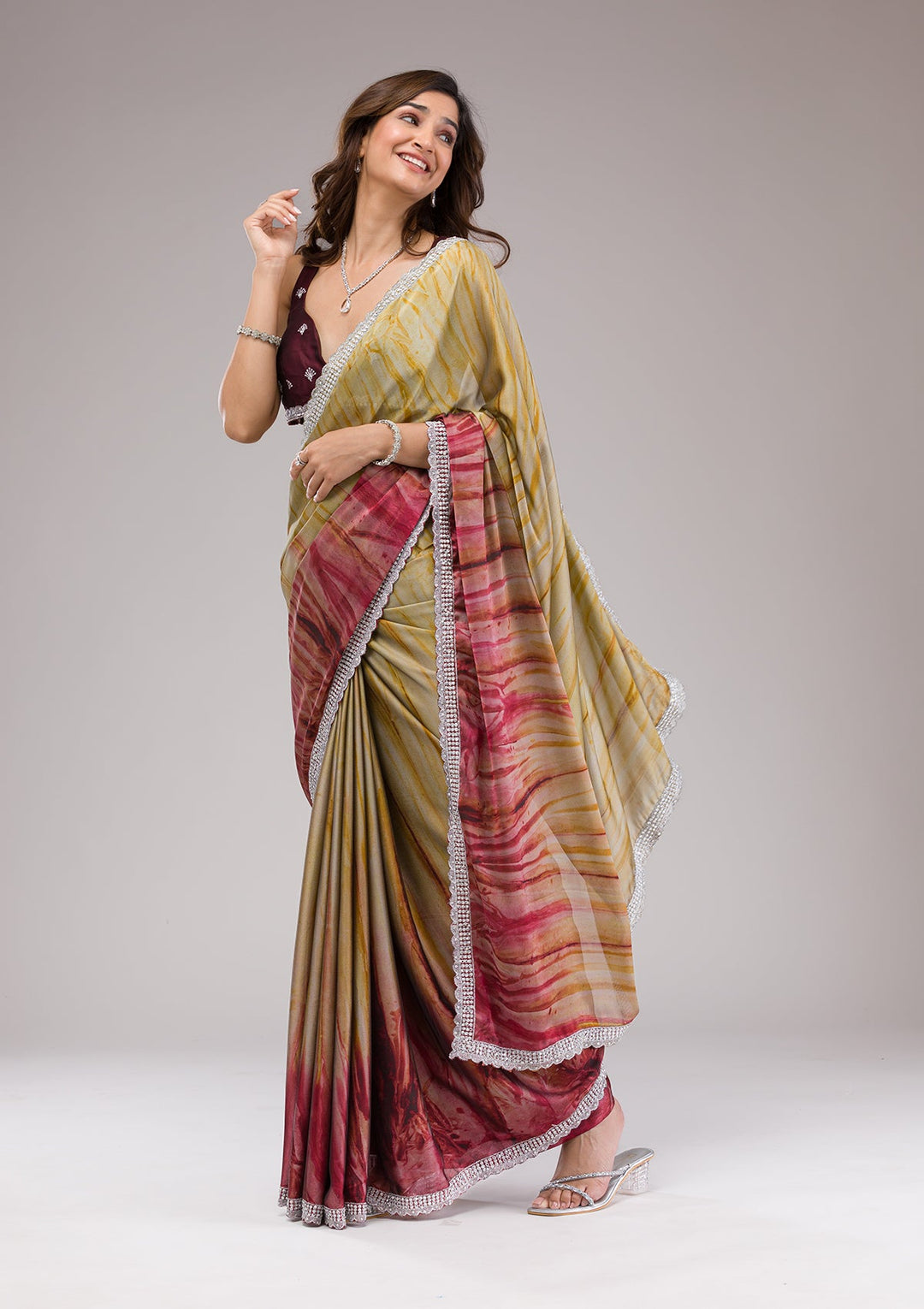 Maroon Printed Semi Crepe Saree-Koskii