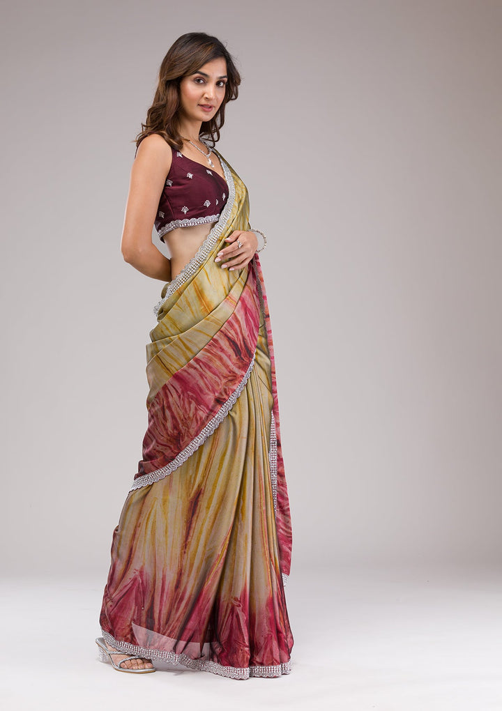 Maroon Printed Semi Crepe Saree-Koskii
