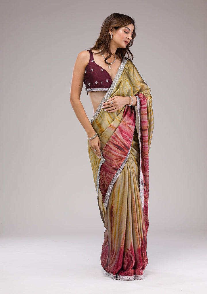 Maroon Printed Semi Crepe Saree-Koskii