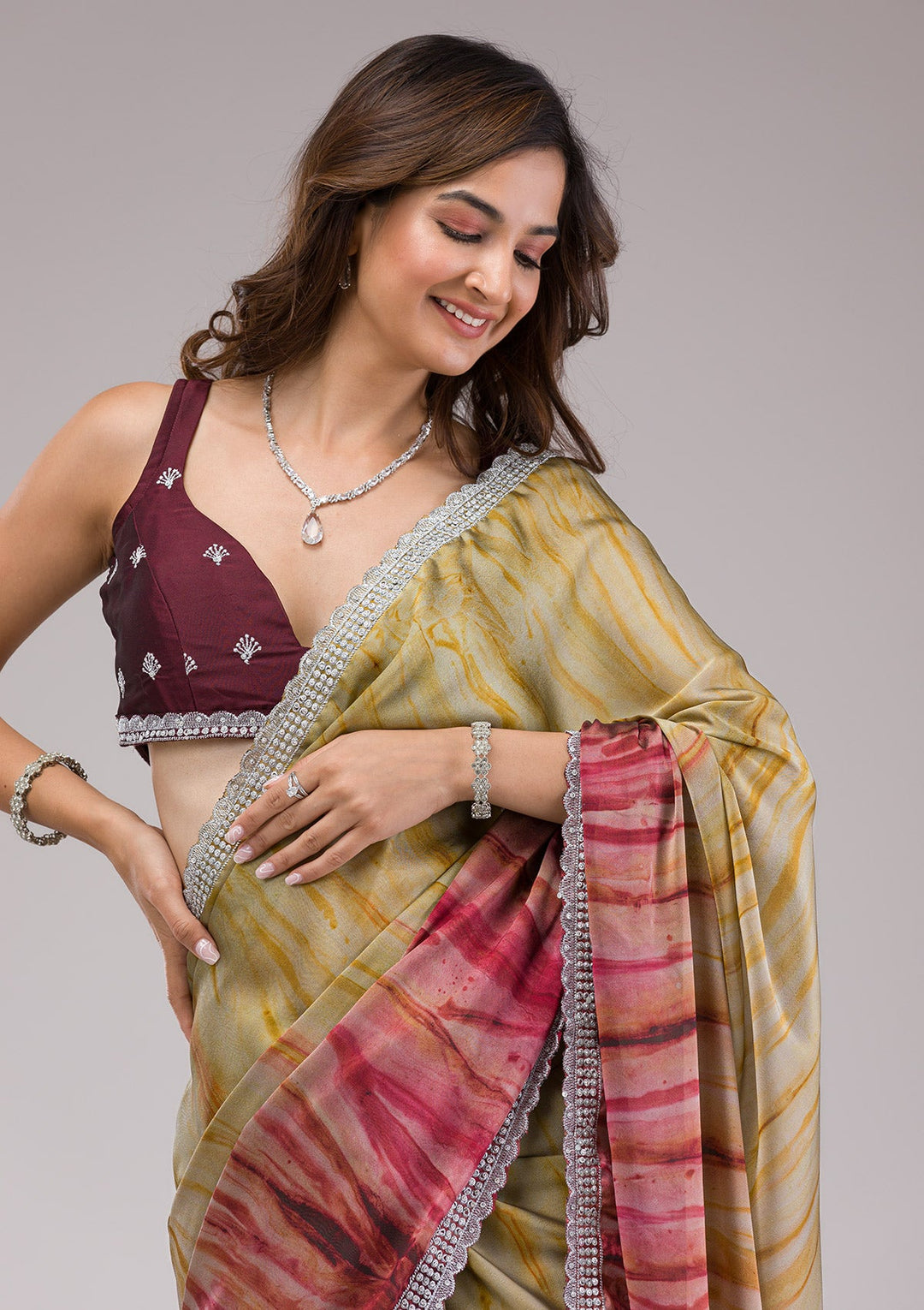 Maroon Printed Semi Crepe Saree-Koskii
