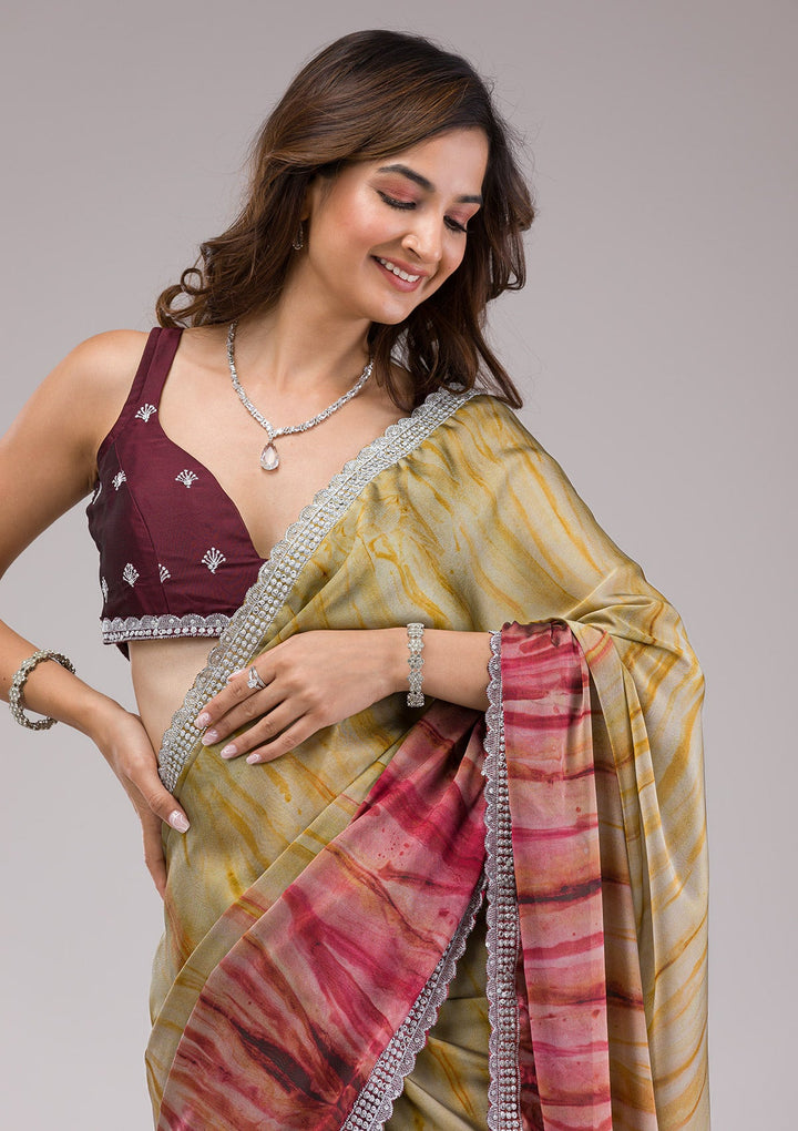 Maroon Printed Semi Crepe Saree-Koskii