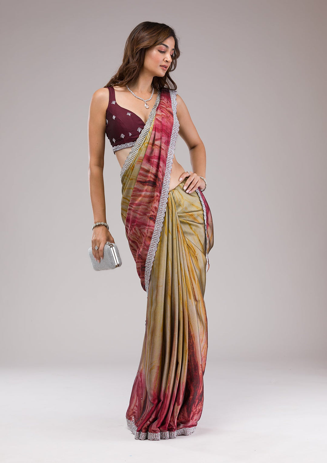 Maroon Printed Semi Crepe Saree-Koskii