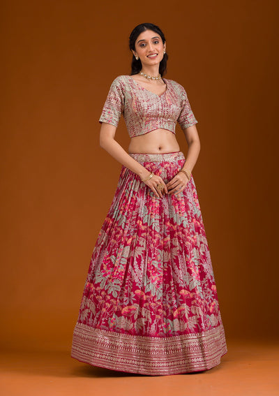 Maroon Printed Georgette Readymade Lehenga-Koskii