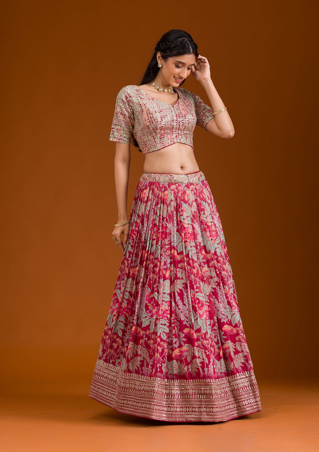 Maroon Printed Georgette Readymade Lehenga-Koskii