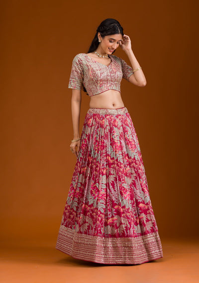 Maroon Printed Georgette Readymade Lehenga-Koskii