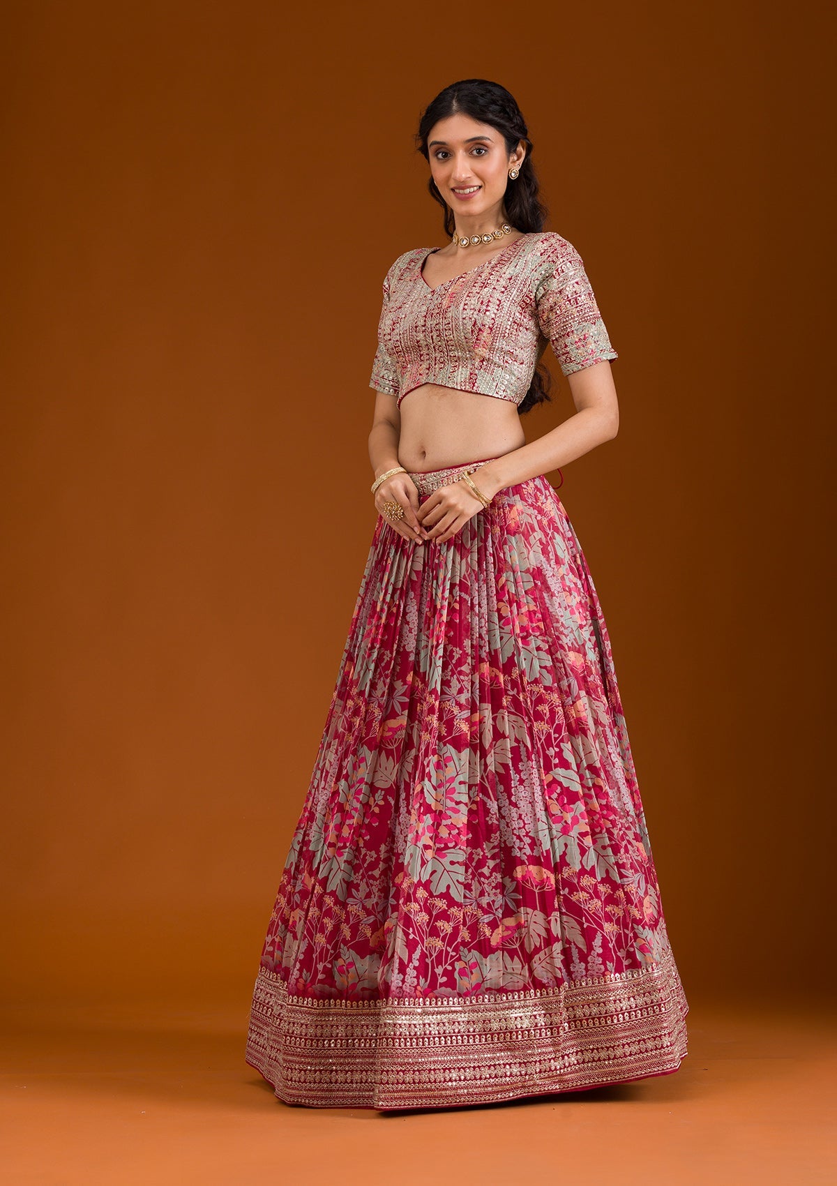 Maroon Printed Georgette Readymade Lehenga-Koskii