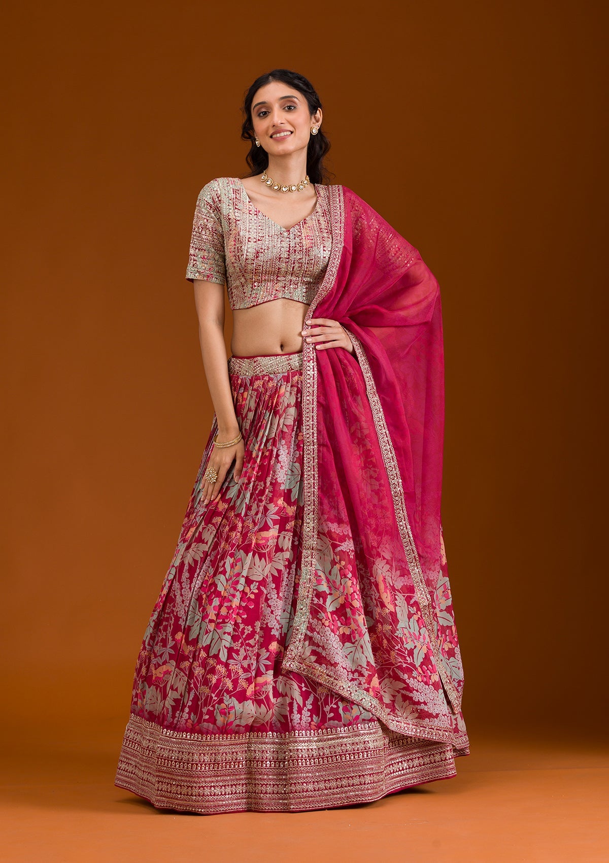 Maroon Printed Georgette Readymade Lehenga-Koskii