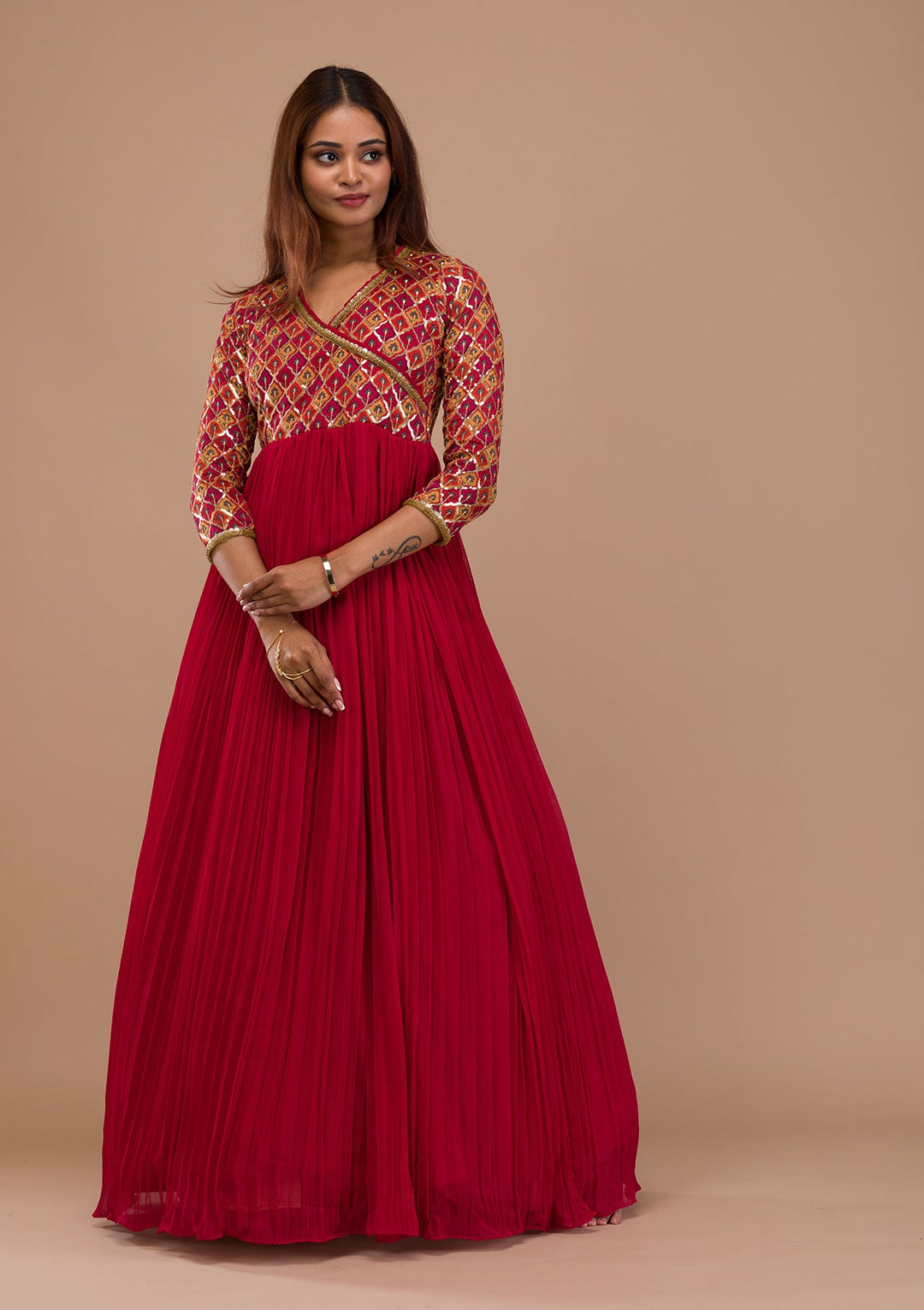 Maroon Sequins Georgette Readymade Salwar Suit-Koskii