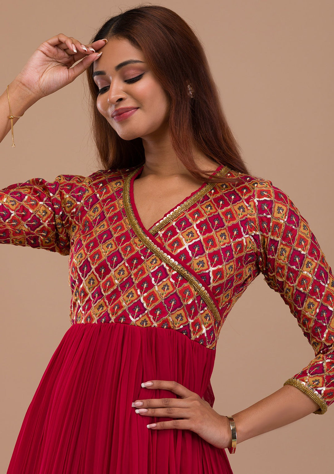 Maroon Sequins Georgette Readymade Salwar Suit-Koskii