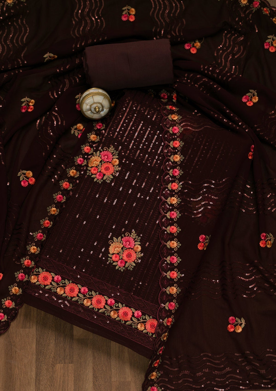 Maroon Sequins Georgette Unstitched Salwar Kameez-Koskii