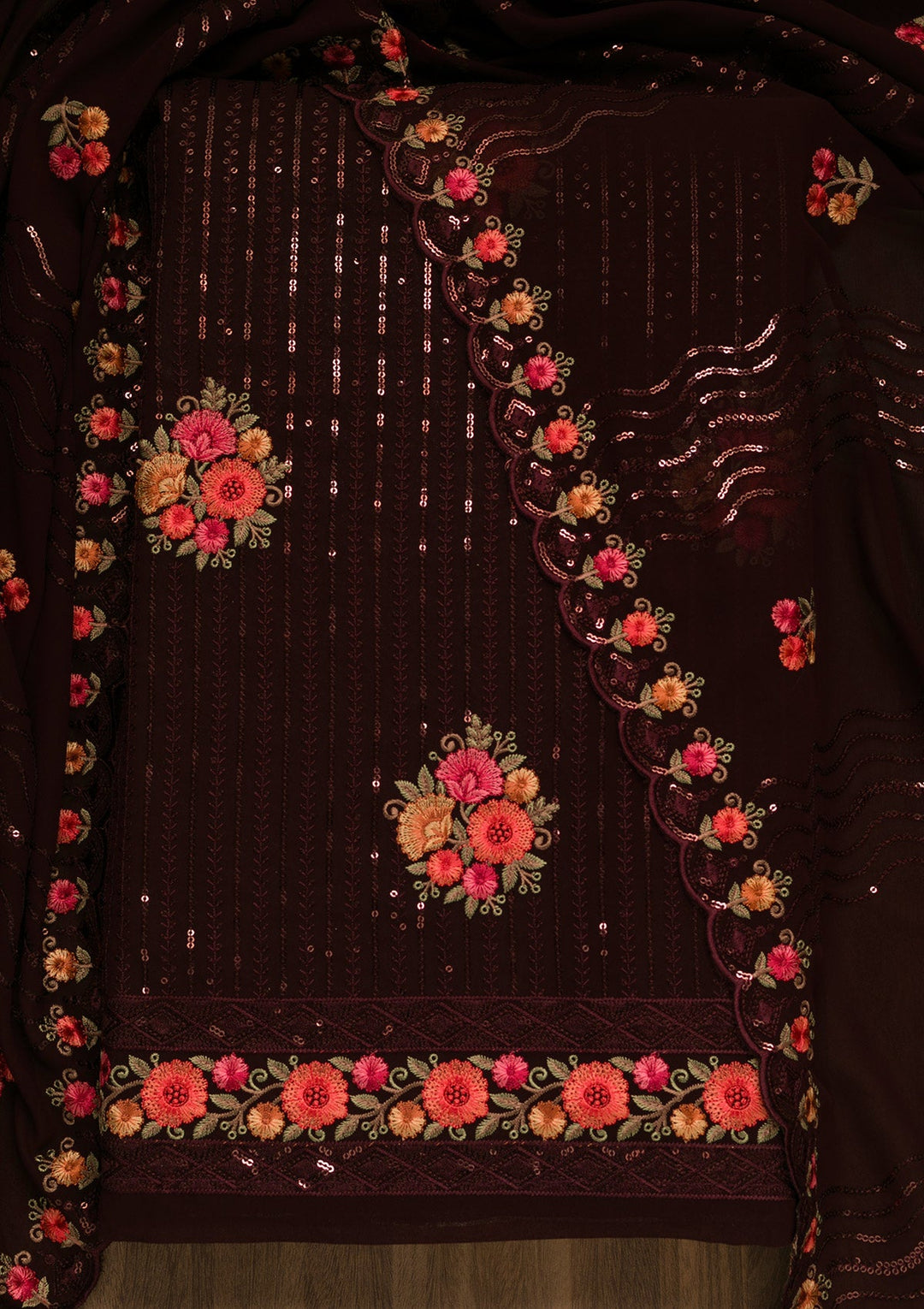 Maroon Sequins Georgette Unstitched Salwar Kameez-Koskii