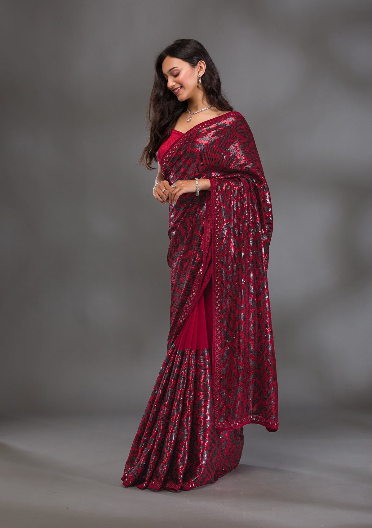 Maroon Sequins Georgette Saree-Koskii