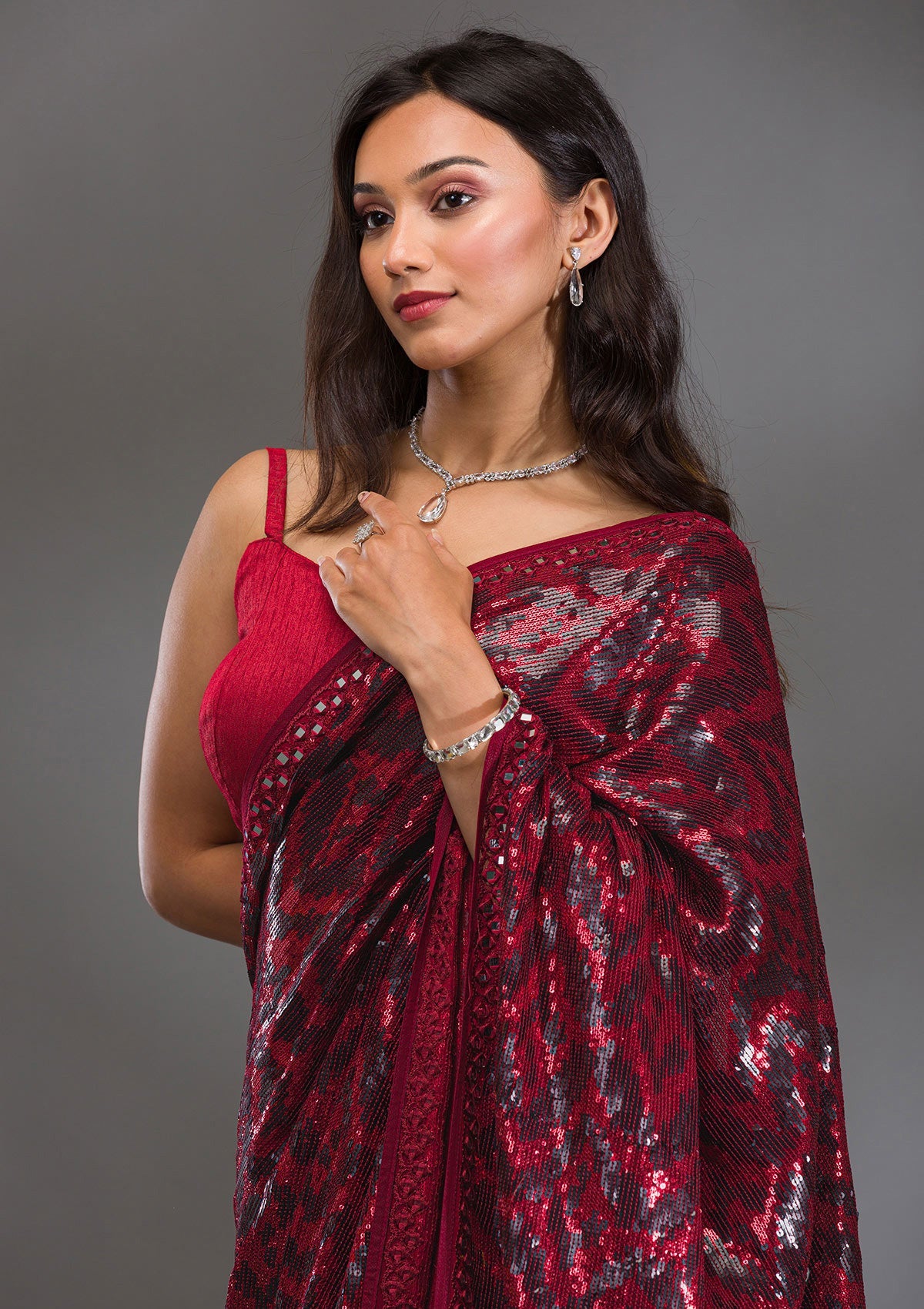 Maroon Sequins Georgette Saree-Koskii