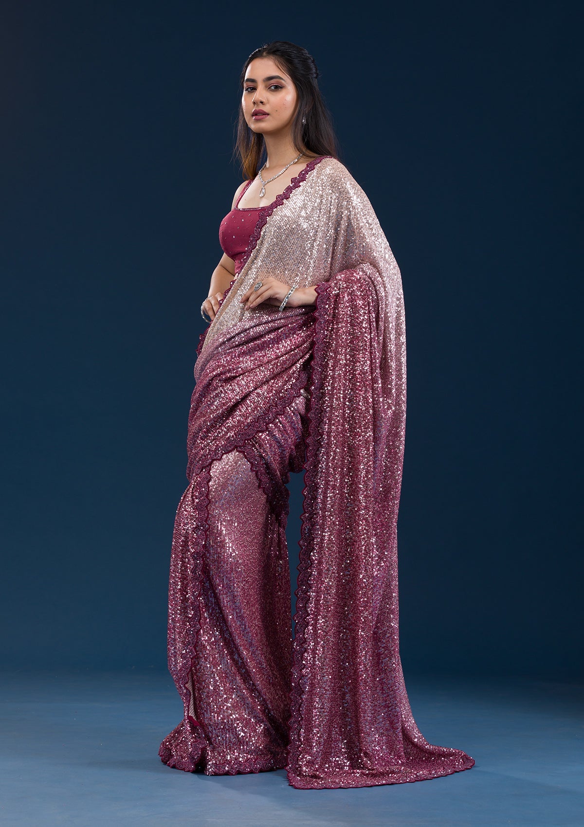 Maroon Sequins Georgette Saree-Koskii