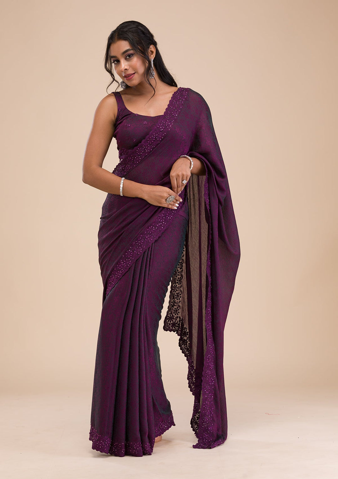 Wine Stonework Georgette Saree-Koskii