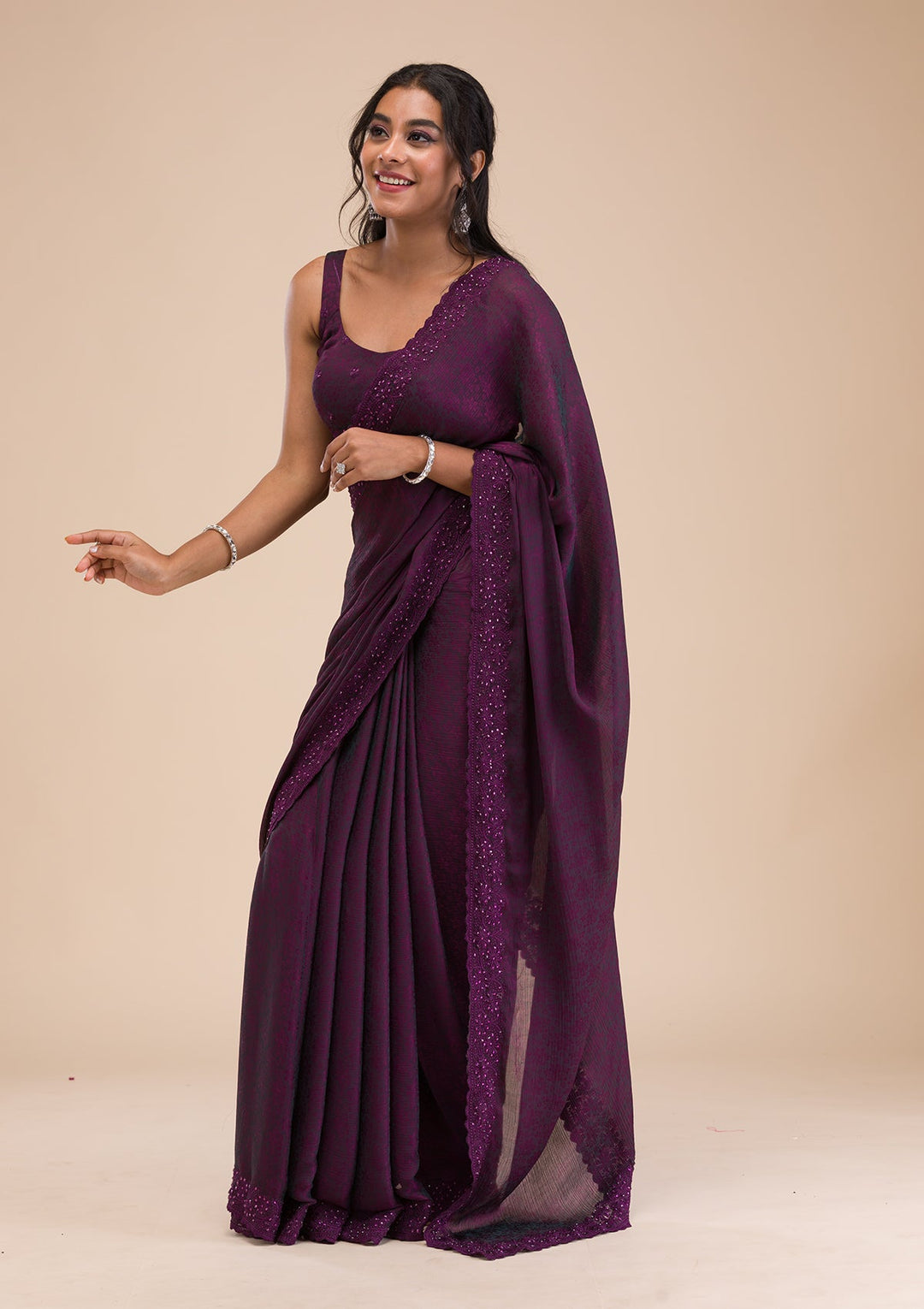 Wine Stonework Georgette Saree-Koskii