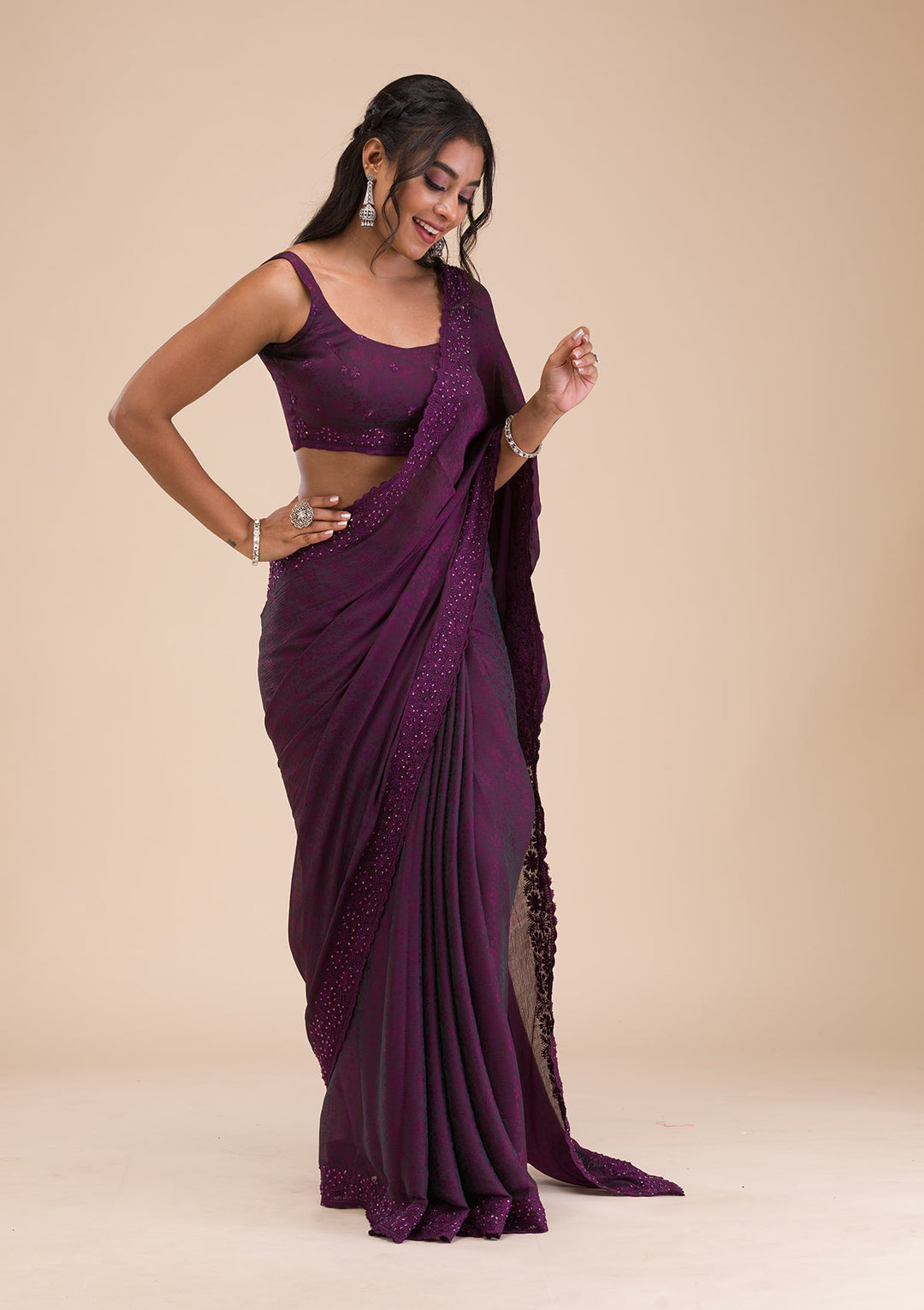 Wine Stonework Georgette Saree-Koskii