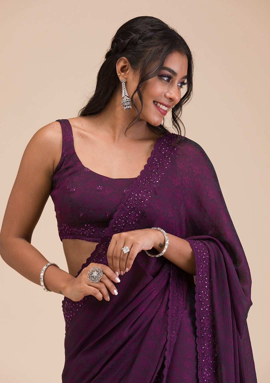 Wine Stonework Georgette Saree-Koskii