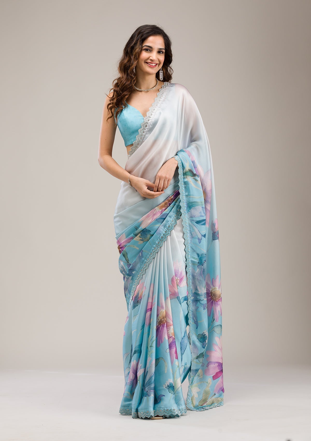 Buy Sky Blue Stonework Georgette Saree - Koskii