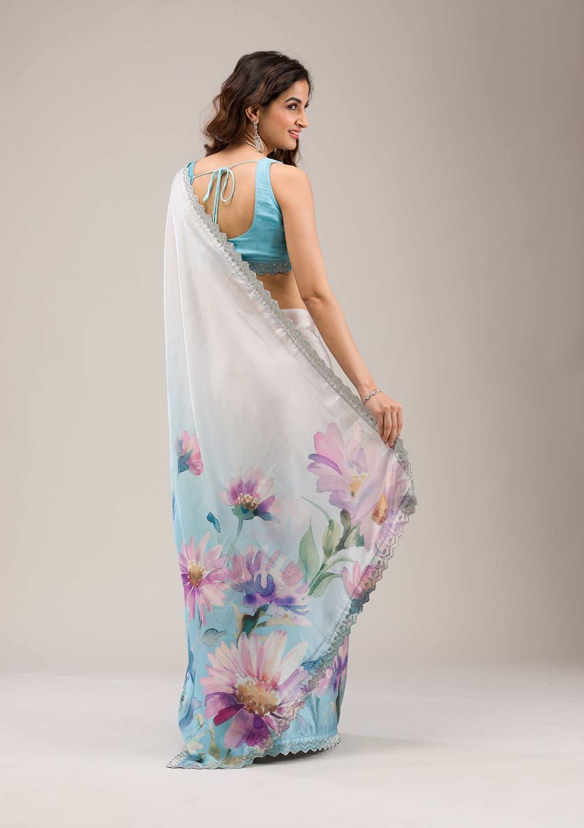 Buy Sky Blue Stonework Georgette Saree - Koskii
