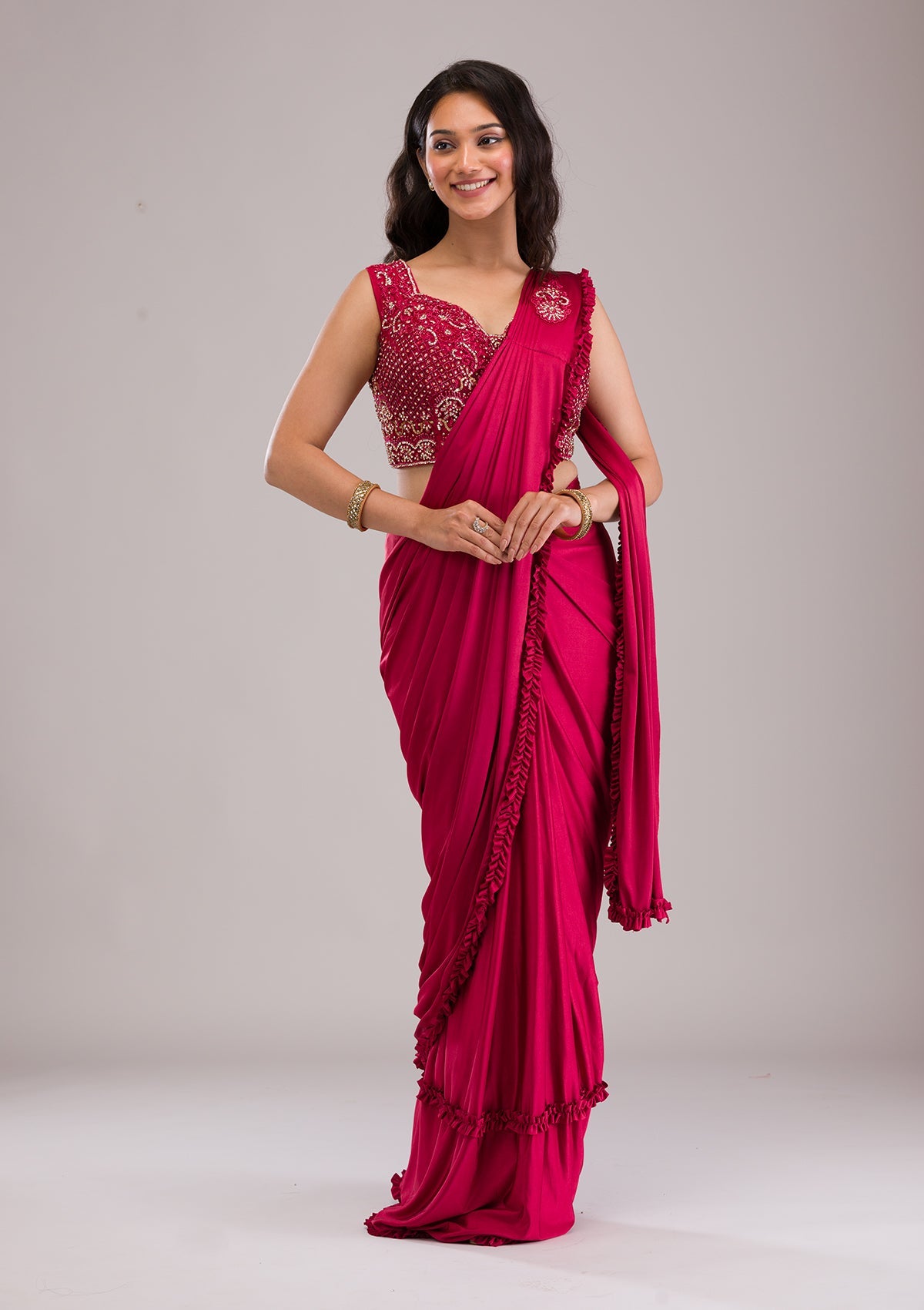 Maroon Stonework Lycra Saree-Koskii