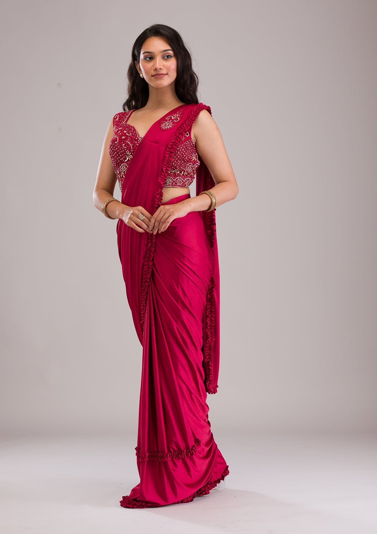 Maroon Stonework Lycra Saree-Koskii