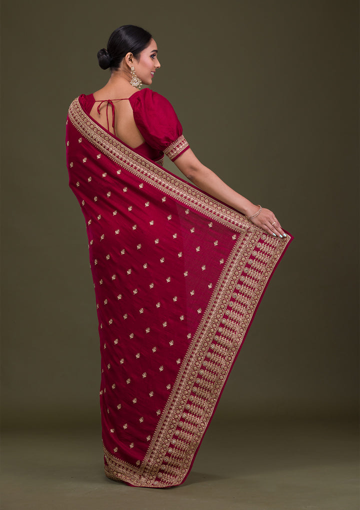 Maroon Stonework Raw Silk Saree-Koskii