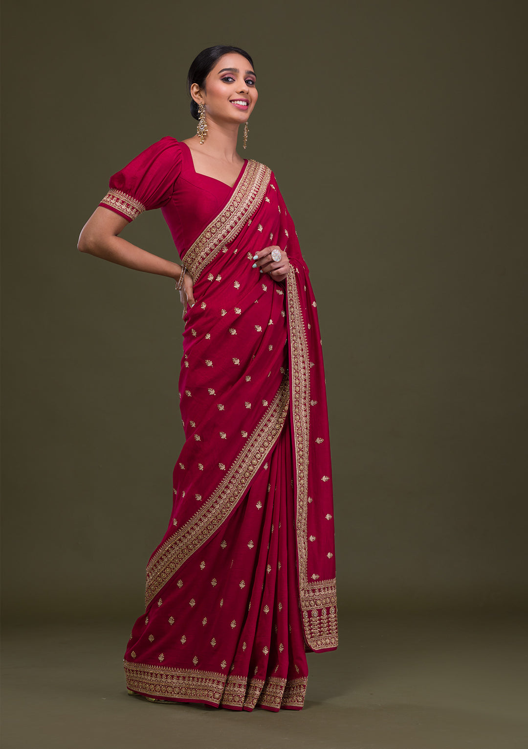 Maroon Stonework Raw Silk Saree-Koskii