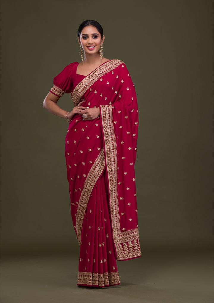 Maroon Stonework Raw Silk Saree-Koskii