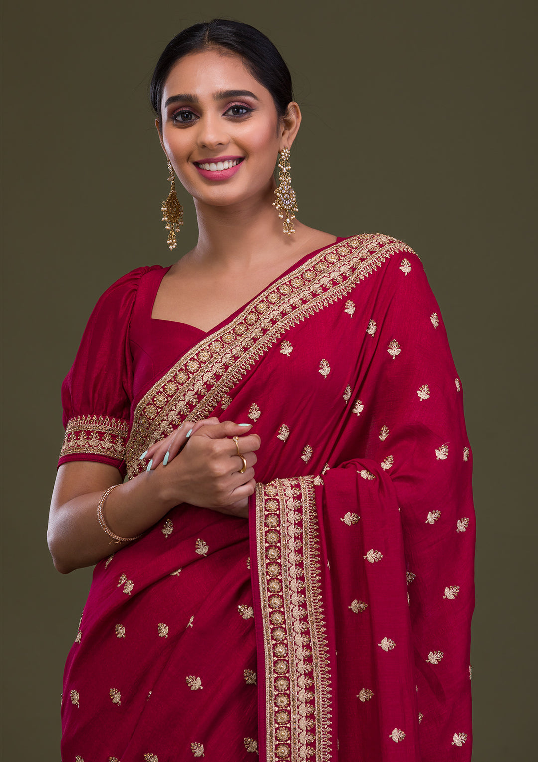 Maroon Stonework Raw Silk Saree-Koskii