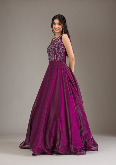 Wine Stonework Satin Gown-Koskii