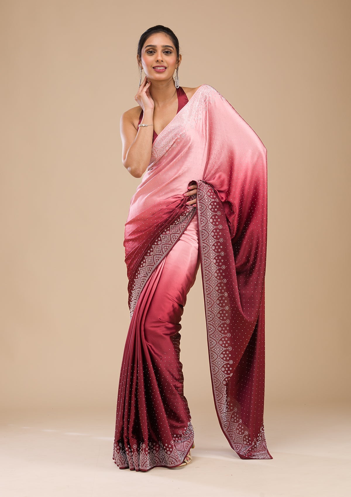 Maroon Stonework Satin Saree