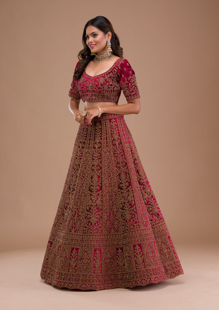 Maroon Stonework Velvet Readymade Lehenga-Koskii