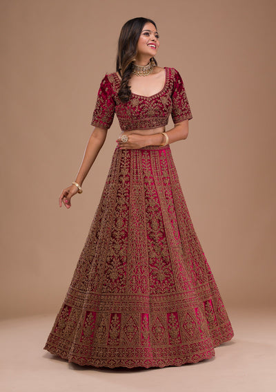 Maroon Stonework Velvet Readymade Lehenga-Koskii