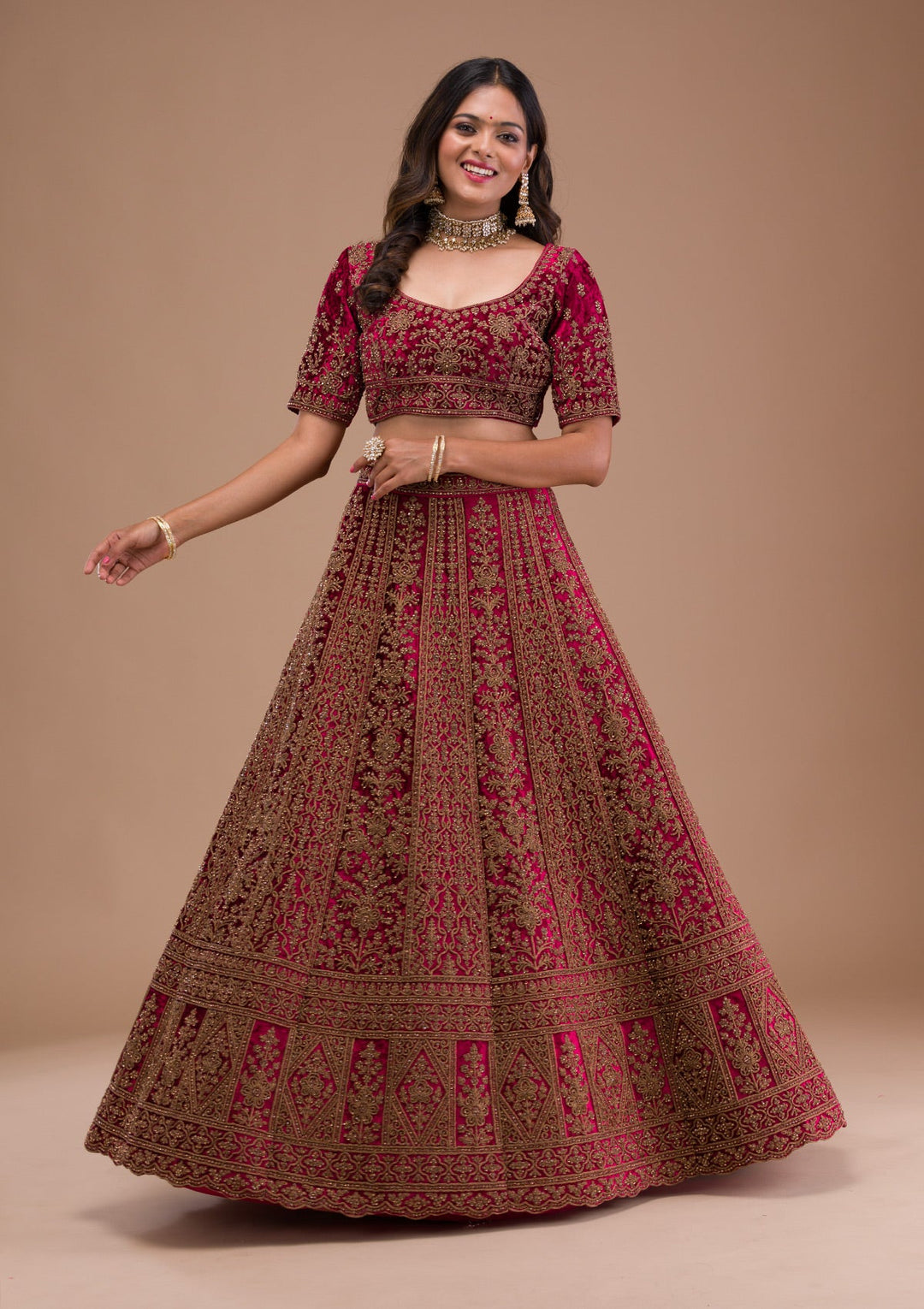Maroon Stonework Velvet Readymade Lehenga-Koskii