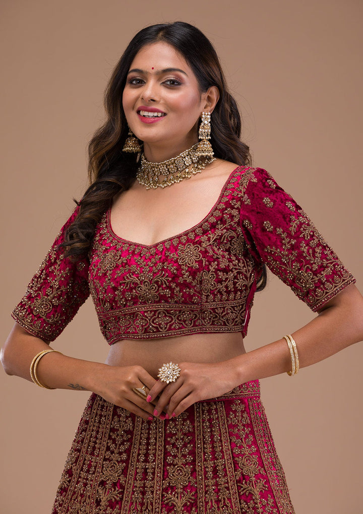 Maroon Stonework Velvet Readymade Lehenga-Koskii