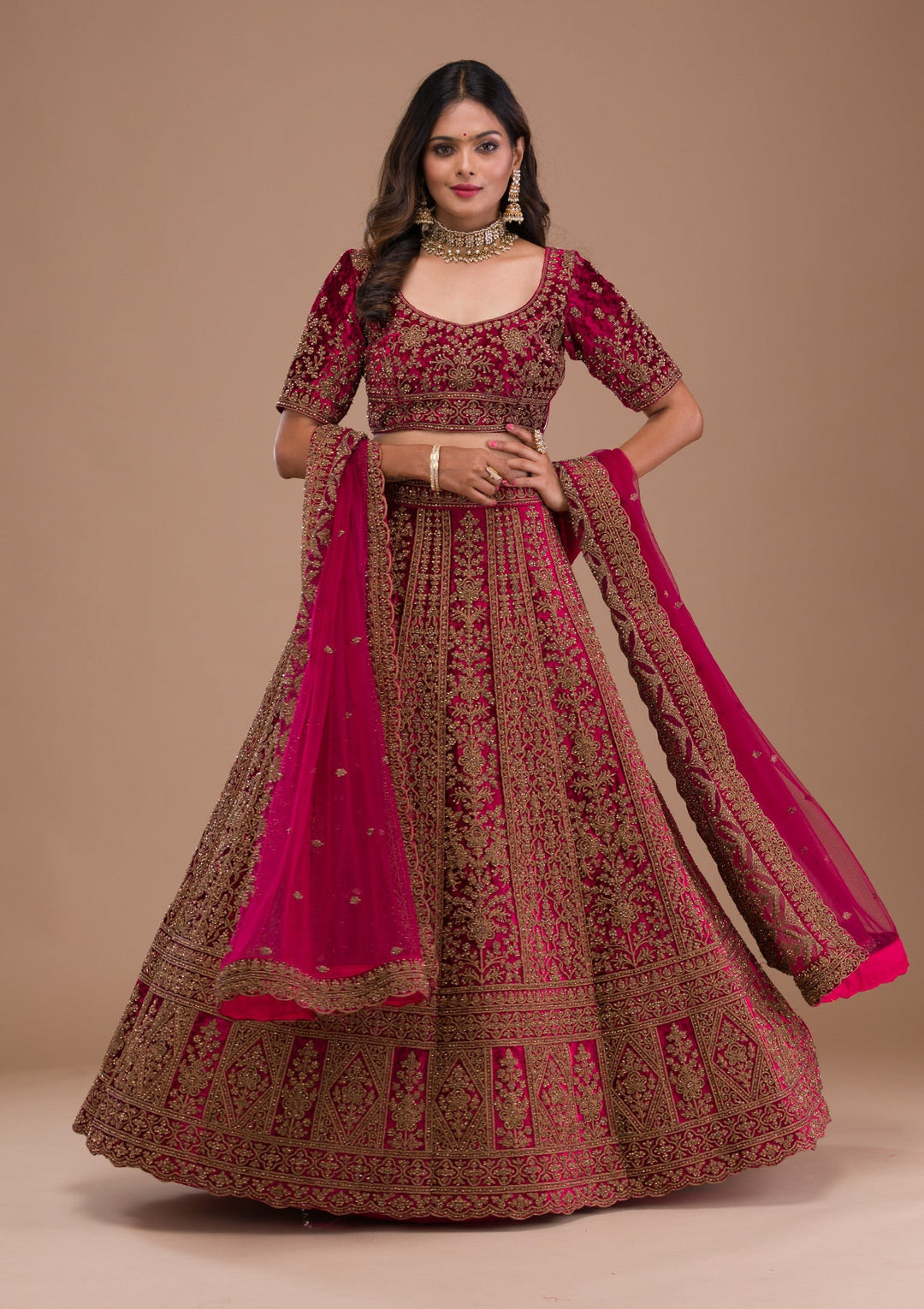 Maroon Stonework Velvet Readymade Lehenga-Koskii