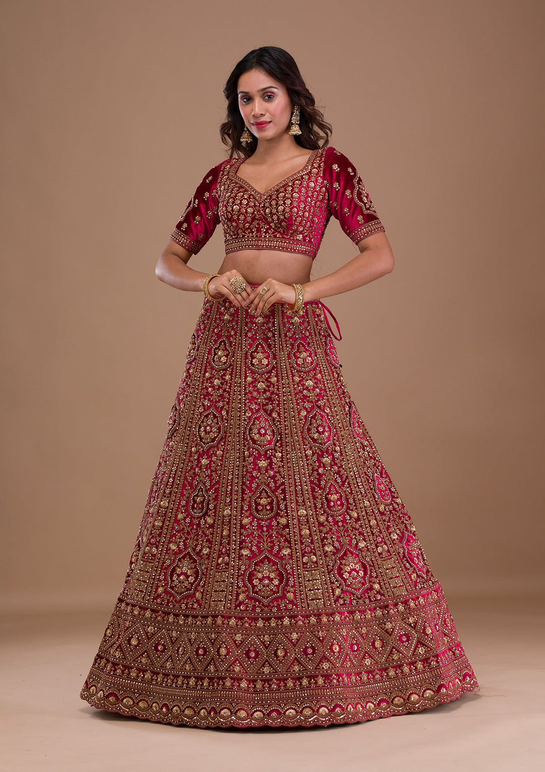 Maroon Stonework Velvet Readymade Lehenga-Koskii