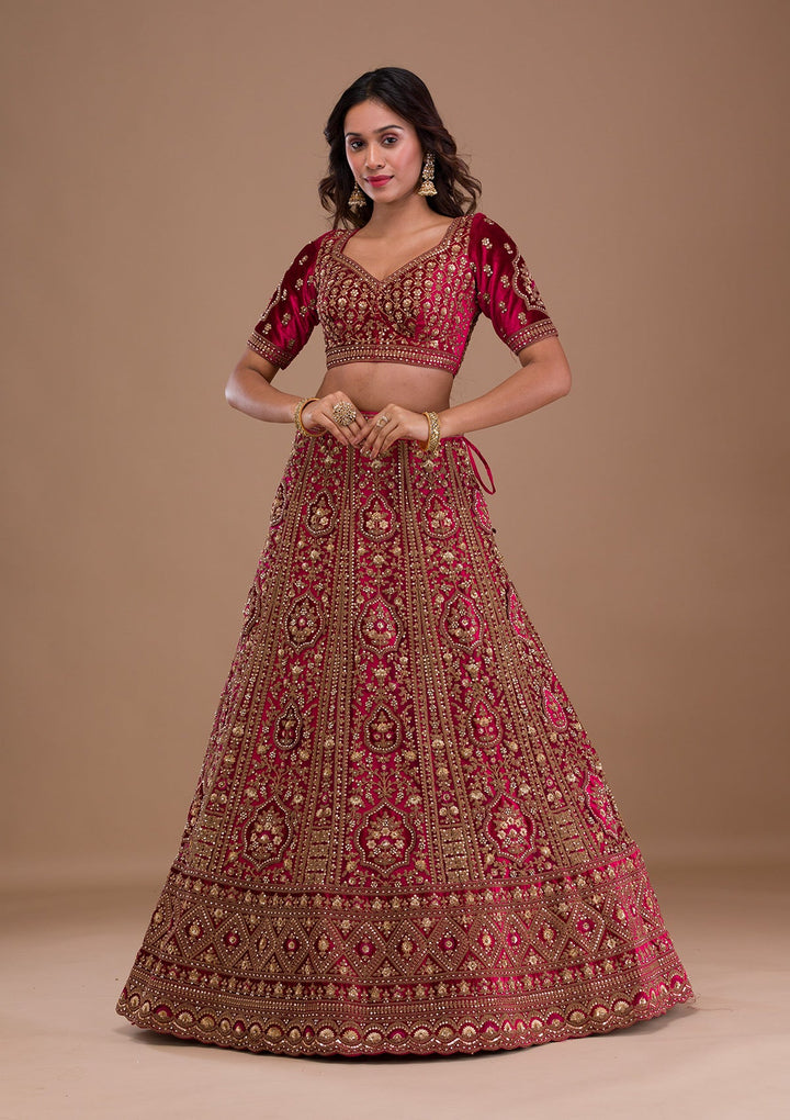 Maroon Stonework Velvet Readymade Lehenga-Koskii