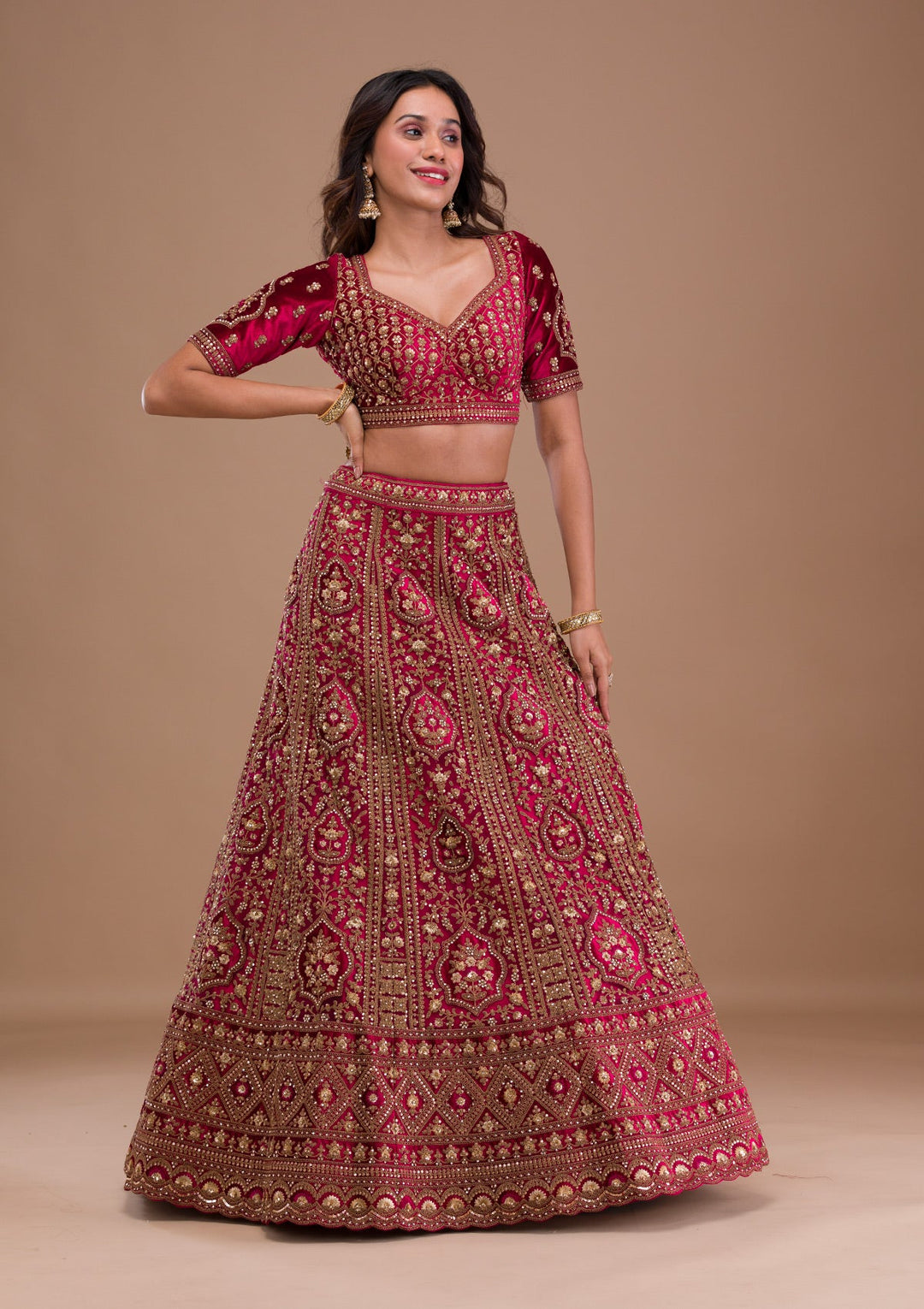 Maroon Stonework Velvet Readymade Lehenga-Koskii