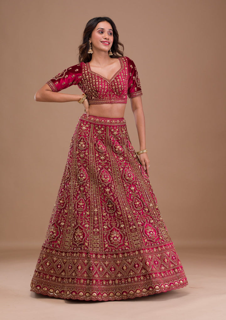 Maroon Stonework Velvet Readymade Lehenga-Koskii