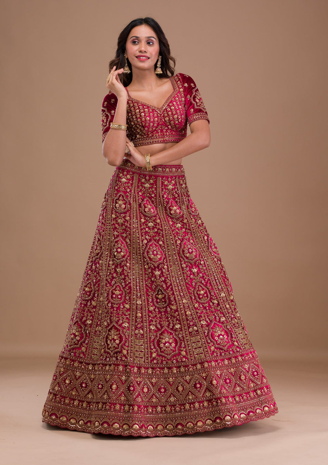 Maroon Stonework Velvet Readymade Lehenga-Koskii