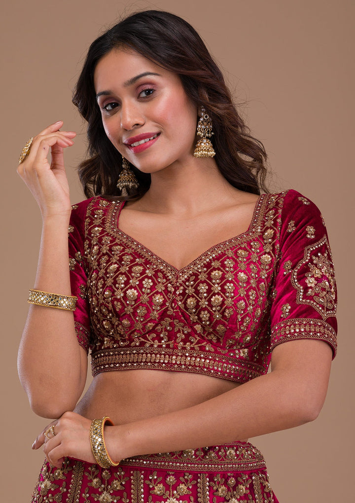 Maroon Stonework Velvet Readymade Lehenga-Koskii